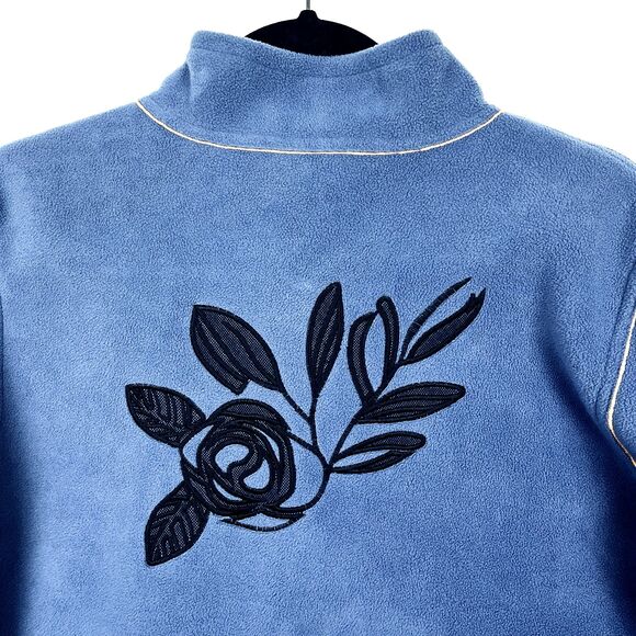VTG Susan Graver Blue Fleece Jacket Women’s SZ M Black Floral Embroidery Zip - Picture 10 of 11